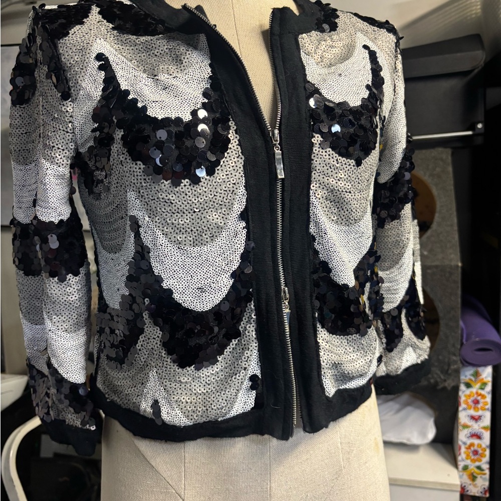 Michael Simon Black and Silver Sequin Bomber Jacket